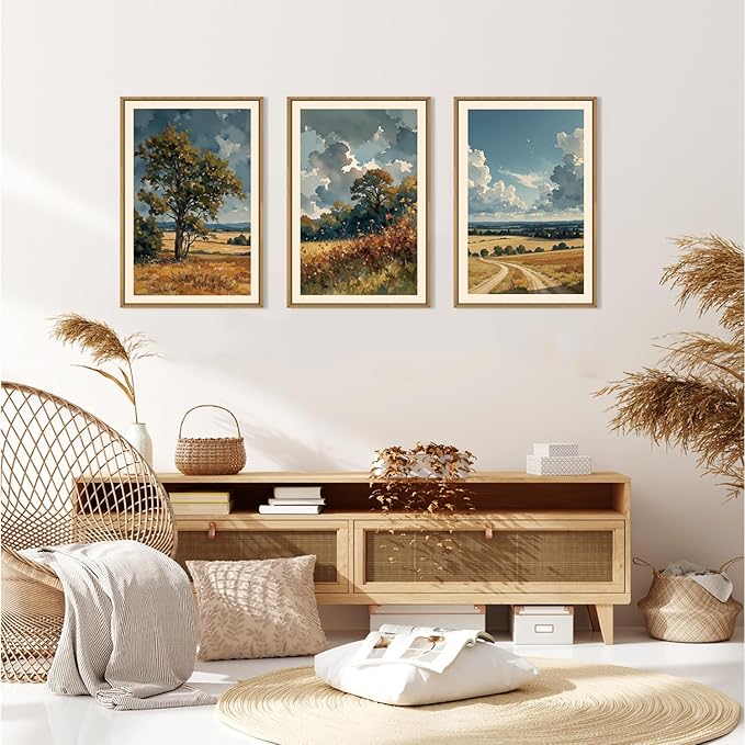 KAIRNE Framed Vintage Watercolor Landscape Wall Art Set of 3, Nature Country Scenery Art Prints, Rustic Farmhouse Wall Decor, Calming Pastoral Paintings for Living Room Bedroom Office, 16x24 Inch