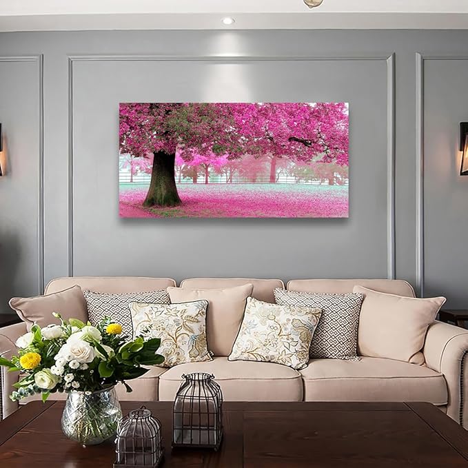 Tree of Life Wall Art Canvas Prints Natural Landscape Pictures Home Decor Pink and Green Paintings for Living Room Bathroom Bedroom Kitchen Decorations 28x57 Wooden Framed Artwork Easy Hanging