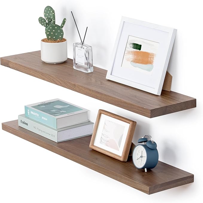 Axeman Walnut Floating Shelves for Wall - 36 Inch Walnut Wood Shelves Set of 2-8 Inch Deep Natural Wooden Shelves for Room Wall Decor