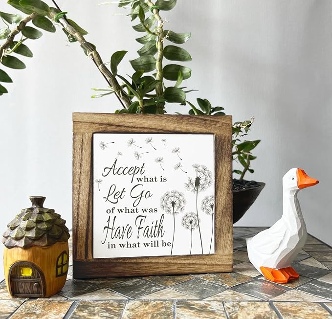 Inspirational Wood Sign, Box Wood Plaques Desk Décor, Table Art Signs, Faith Sign, Farmhouse Home Decor, Encouragement Gifts for Friends Women Bestie, Accept What Is Let Go of What Was Sign