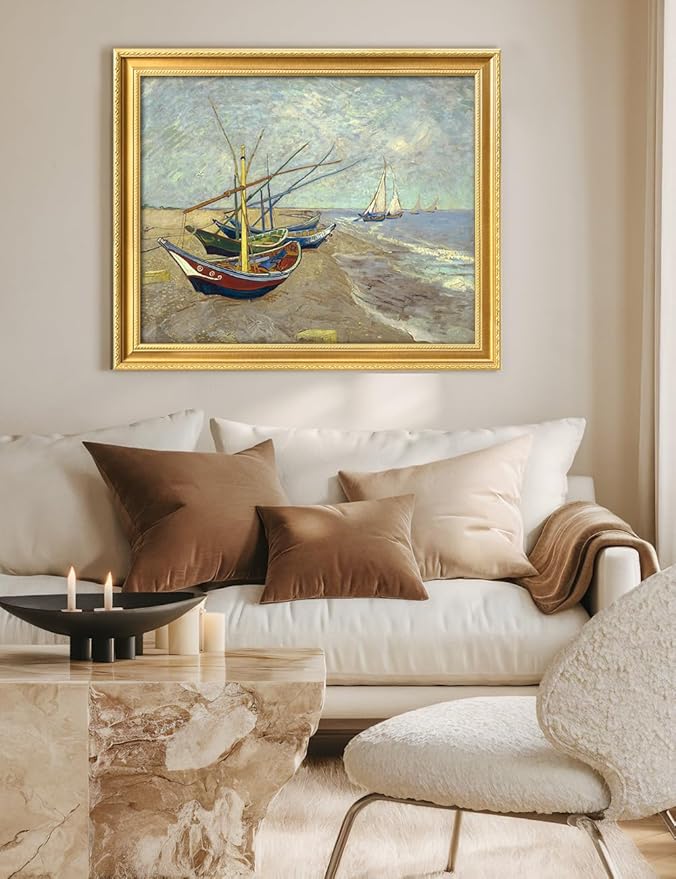 DECORARTS - Vincent van Gogh's Boats at Saintes-Maries. Museum-Quality Giclee Print on Cotton Canvas, Gold Wood Frame with Ornate Detailing, Framed Size: 34.75x28.75, Made in USA