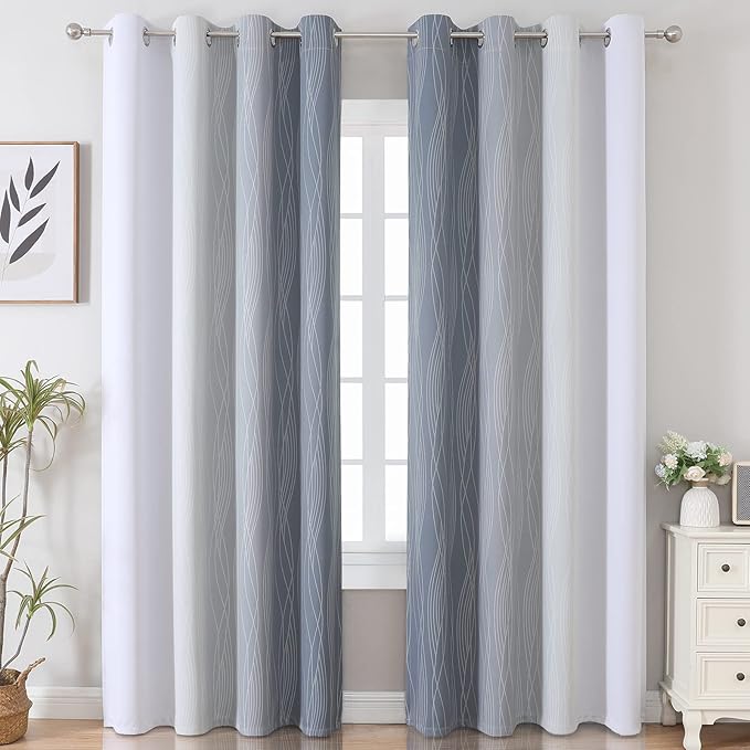 Estelar Textiler Grey and Greyish White Blackout Curtains & Drapes for Bedroom,Thermal Insulated Ombre Blackout Drapes,Full Room Darkening Energy Saving Gray Curtains for Living Room,52Wx84L,2 Panels