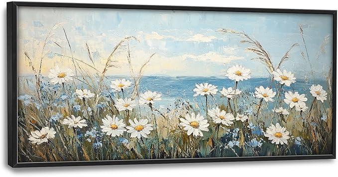 Flintis Large Ocean Daisy Framed Wall Art Beach Daisy Flower Pictures Wall Decor Abstract Natural Landscape Canvas Painting Print Artworks Framed for Living Room Bathroom Master Bedroom 60L X 30W
