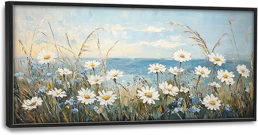 Flintis Large Ocean Daisy Framed Wall Art Beach Daisy Flower Pictures Wall Decor Abstract Natural Landscape Canvas Painting Print Artworks Framed for Living Room Bathroom Master Bedroom 60L X 30W