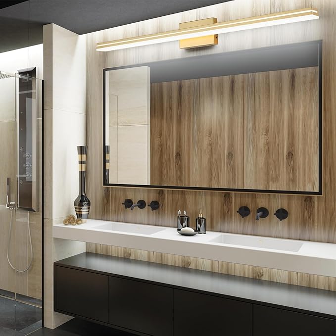 SineRise LED Modern Bathroom Vanity Light Fixtures (48-Inch, 3000K/4000K/6000K, Dimmable), Gold Modern Acrylic Bathroom Wall Lighting Fixtures Over Mirror