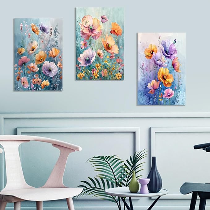 Floral Poster Canvas Wall Art Home Decor Abstract Wildflower Daisy Flower Green Leaves 3 Pieces Picture Print Plant Painting Artwork for Bedroom Kitchen Office Stretched and Framed [48''W x 24''H]