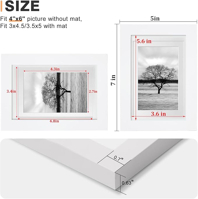 Egofine 4x6 Picture Frames Set of 4, Made of Solid Wood Covered by Plexiglass 3.5x5 with Mat or 4x6 without Mat, for Table Top Display and Wall Mounting Photo Frame White