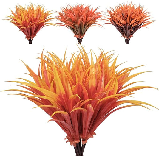 8 pcs Fall Artificial Flowers for Decoration, Fake Artificial Tall Grass Plants for Outdoors, Orange Faux Tropical Greenery Autumn Front Porch Patio Garden Outside Plastic Shrubs Bushes
