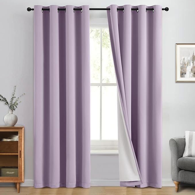 Yakamok 100% Blackout Curtain Panels 84 inches Cold and Light Blocking Drapes for Nursery, 2 Thick Layers Thermal Insulated Draperies (2 Pieces, 50 Wide Each Panel, Lilac Front with White Backing)