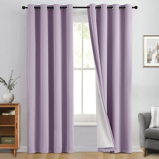 Yakamok 100% Blackout Curtain Panels 84 inches Cold and Light Blocking Drapes for Nursery, 2 Thick Layers Thermal Insulated Draperies (2 Pieces, 50 Wide Each Panel, Lilac Front with White Backing)