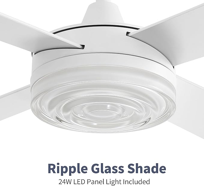 WINGBO 52 Inch Ceiling Fan with Lights and Remote, 3CCT, Modern Ceiling Fan with Ripple Glass Shade, 6-Speed Reversible DC Motor for Bedroom Living Room Kitchen Hallway, Gloss White