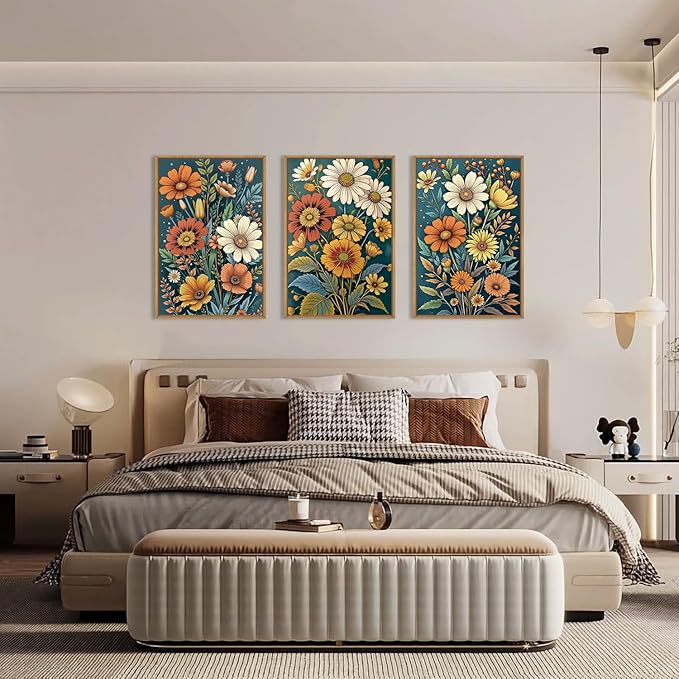 HOURIA Retro Boho Flower Framed Canvas Wall Art Set,Colorful Wilderness Floral with Green Leaves Wall Decor,Nature Botanical Wall Painting,Vintage Bouquet Art Prints for Living Room, Bedroom-16"x24"x3