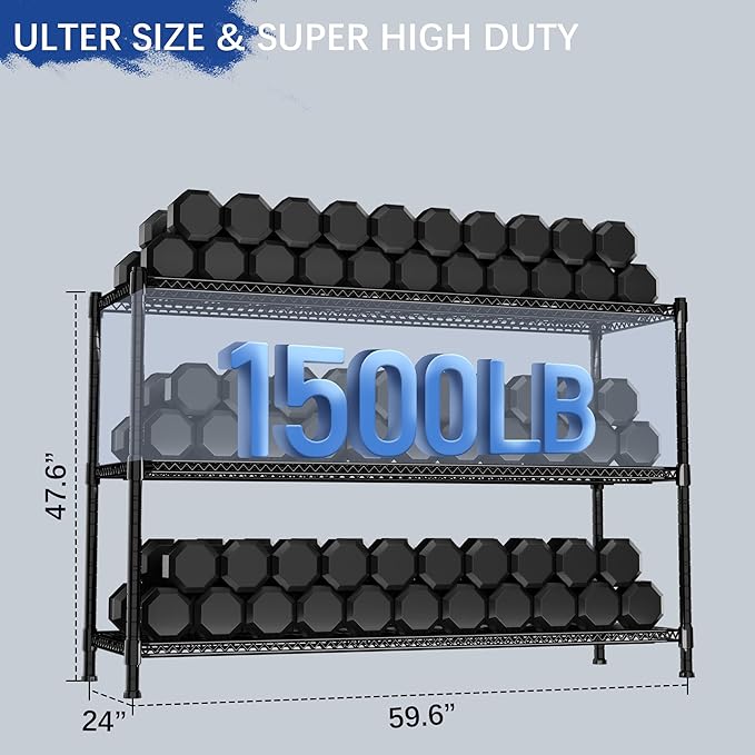 Heavy Duty Shelving, 47.6" H Garage Shelving Unit with Leveling Feet, 3-Tier Adjustable Garage Storage Shelves Metal Rack, Industrial Shelving for Warehaouse Storage, 60" W x 24" D x 47.6" H, Black