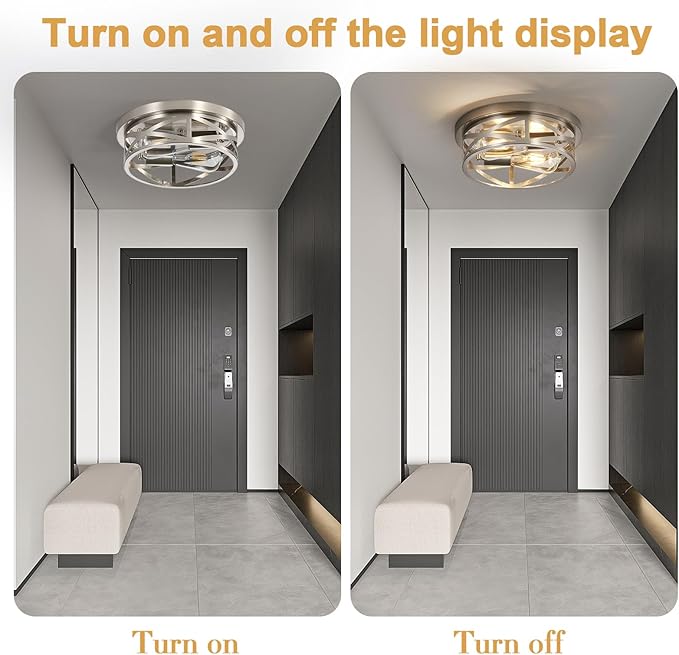 Brushed Nickel Flush Mount Ceiling Light Fixture,2-Light Industrial Farmhouse Ceiling Light Fixture，Brushed Nickel Light Fixture Ceiling Mount for Kitchen Bedroom Living Room 2Pack