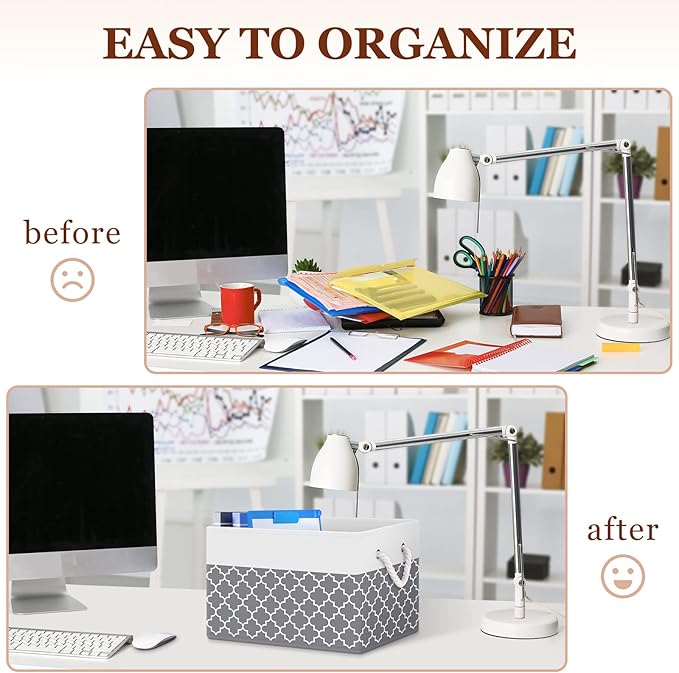 Fab totes Storage Bins [8-Pack], Foldable Storage Baskets for Organizing Toys, Books, Shelves, Closet, Large Storage Box with Rope Handles, Sturdy Organizer Bins,Clover Grey