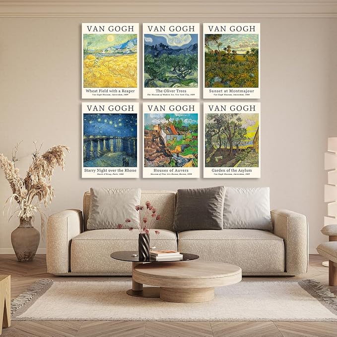 COSCTOR Set of 6 Vincent Van Gogh Wall Art Decor Canvas Vintage Retro Famous Artist Colorful Posters and Prints for Living Room Bathroom Bedroom Hallway Kitchen (Framed, 12x16)
