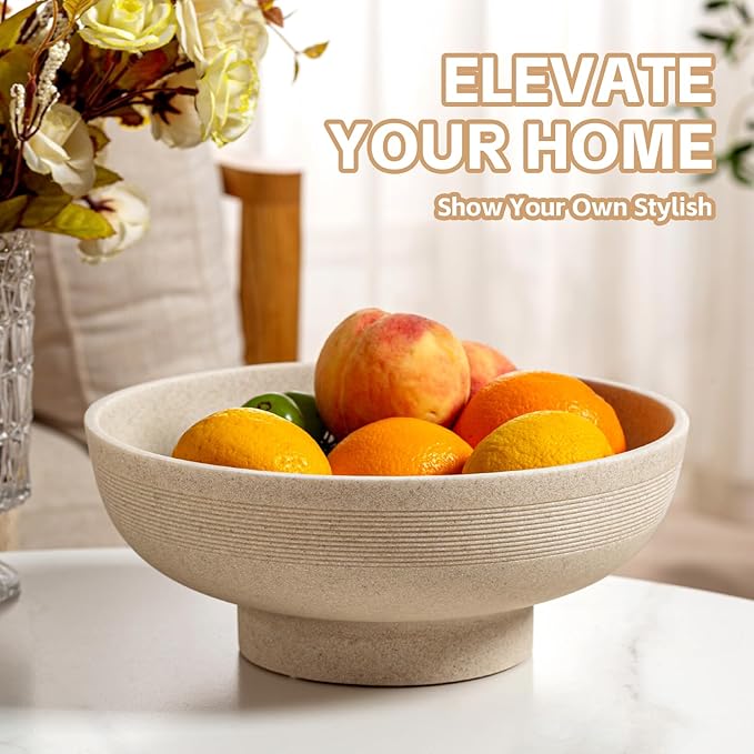 Large Decorative Fruit Bowl for Kitchen Counter, Sandstone Look Modern Minimalist Snack Candy Bowl for Table Centerpiece Decor, Home, Office, Hotel, Entryway (Beige)