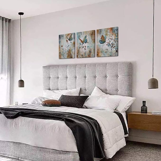 Biuteawal 3 Panel Canvas Print Teal Brown Butterfly Flower Painting Wall Art Plant Floral Picture Print on Canvas Vintage Artwork for Home Living Room Bedroom Bathroom Wall Decor Ready to Hang