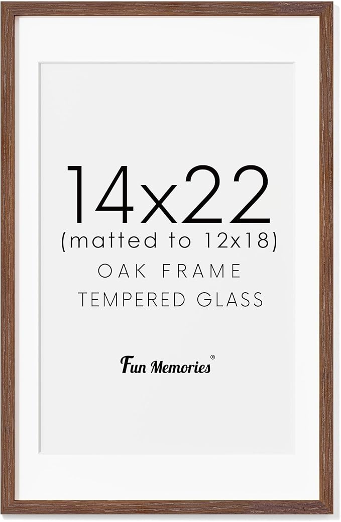 14x22 Oak Wood Picture Frame, 14"x22" Picture Frame Matted to 12"x18", Photo Frame 14 x 22 with Real Glass, 14x22 Wood Frame for Vertical or Horizontal Hanging (Walnut Color, 1 Pack)