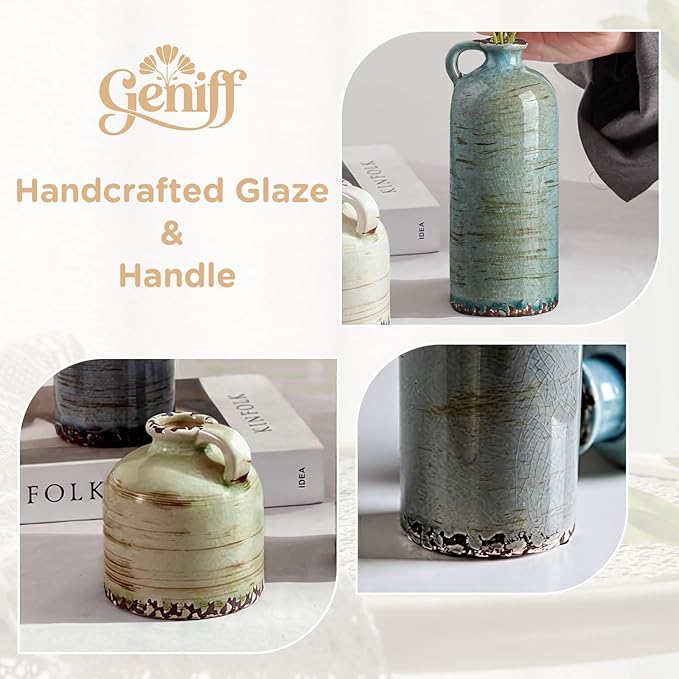 Ceramic Vase Set of 3 – Handcrafted Modern Farmhouse Decorative Vase, Neutral Pottery for Pampas Grass, Flowers, Table Centerpieces, Living Room, Mantel & Shelf Decor – Multicolor