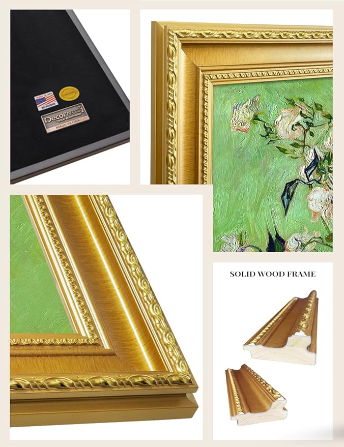 DECORARTS - Vincent van Gogh's Pink Roses in a Vase, Museum-Quality Giclee Canvas Print in Gold Solid Wood Frame, 34.75 x 28.75 in, Ready to Hang, Made in USA