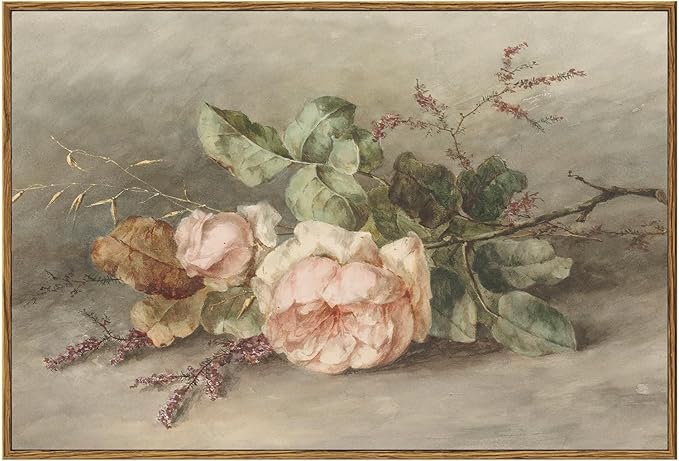 KBKBART Vintage Wall Decor Prints, Retro Still Life Flower Canvas Wall Art, Framed Classical Pink Botanical Print, Vintage Art Painting Flower Wall Decor for Bedroom Living Room Bathroom Gallery(16"x24")