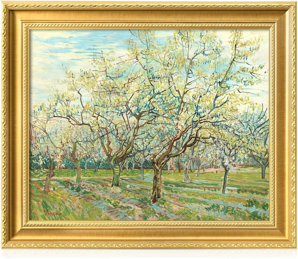 DECORARTS - The White Orchard by Vincent Van Gogh. Giclee Print on Acid-Free Canvas in Gold Solid Wood Frame. Picture Size: 20x16, Total Size: 24.75x20.75, Made in USA