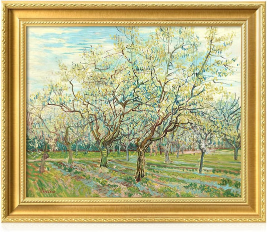 DECORARTS - The White Orchard by Vincent Van Gogh. Giclee Print on Acid-Free Canvas in Gold Solid Wood Frame. Picture Size: 20x16, Total Size: 24.75x20.75, Made in USA