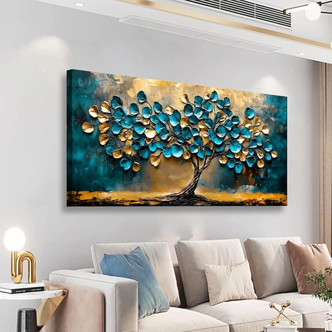 Tree of life Teal Gold Leaf Pictures Canvas Wall Art for Living room Office Bedroom Wall Decor,Abstract Wall Art Print Paintings Modern Blue Leaves Artwork Waterproof Ready to Hang-20x40inch
