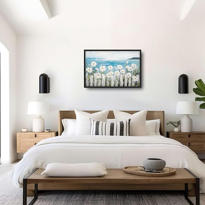 Large Coastal Ocean Wall Art for Living Room, Coastline Beach Flower Oversized Wall Decor Pictures, Nature Seascape Framed Canvas Print Painting, Modern Artwork for Bedroom Office Home Decor 36"x24"