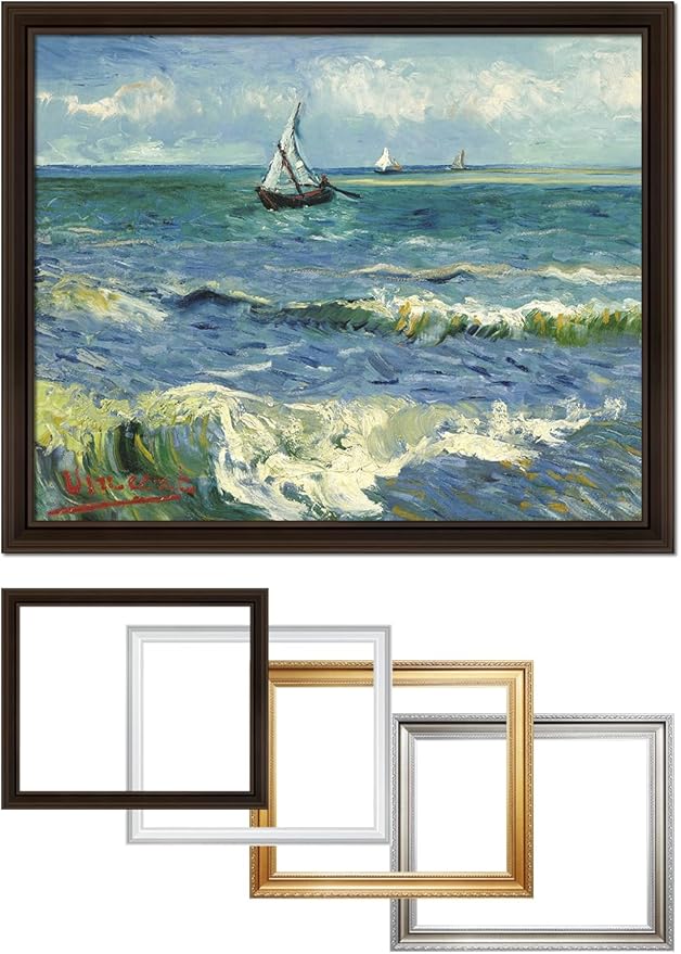 DECORARTS - The Sea at Les Saintes-Maries-de-la-Mer, Vincent Van Gogh Art Reproduction. Acid Free Cotton Canvas Giclee Print w/Bronze Frame&Mat for Wall Decor.