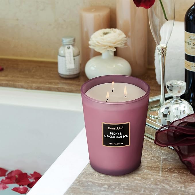 HomeLights Premium Scented Candles - 33.3 oz Natural Soy Wax, Aromatherapy for Home, Long Lasting Smokeless, 130 hrs Burn Time, 3 Cotton Wicks, Gifts for Women & Men - Peony & Almond Blossom