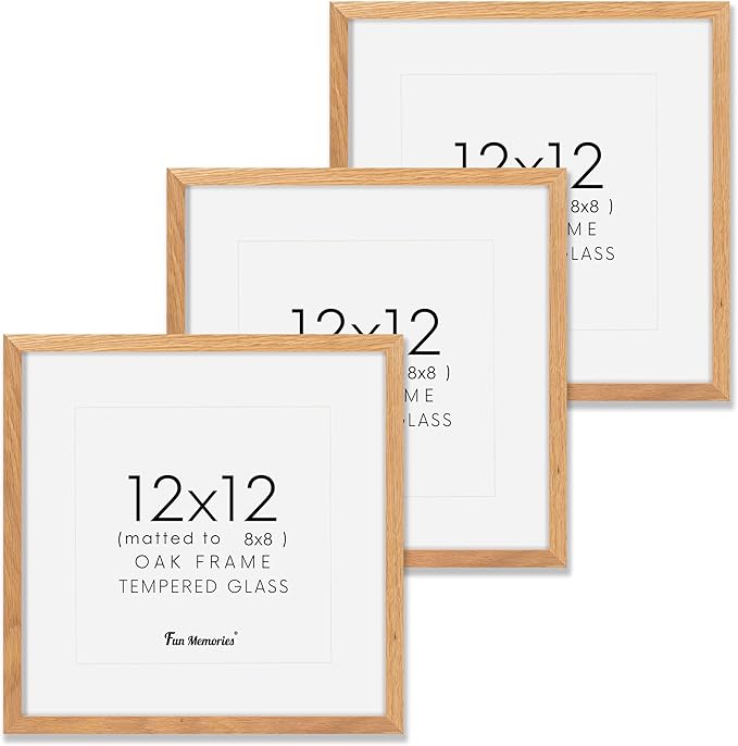 Fun Memories 12x12 Picture Frames Set of 3, Natural Oak Wood Frame With Mat for 10 x 10, Square With Tempered Real Glass, Gallery Wall Set