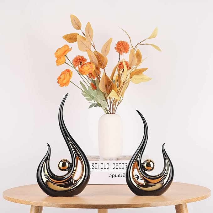 LCCCK Black Gold Abstract Figurine Statues for Home Decor – Modern Ceramic Sculpture Accent, Decorative Statues for Living Room, Shelf, TV Stand, Office or Coffee Table Centerpiece Art Decoration
