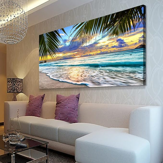 Beach Canvas Wall Art Seascape Theme Pictures Home Decor Blue Ocean White Wave Palm Tree Prints Paintings for Living Room Bathroom Bedroom Kitchen Office Decoration Natural Scenery Artwork 24x48inches