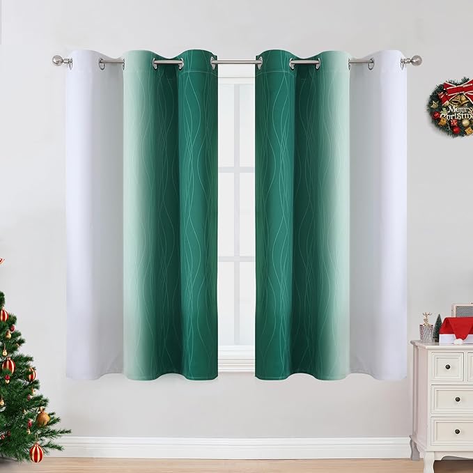 Estelar Textiler Green and Greyish White Ombre Blackout Curtains 45 Inch Length 2 Panels, Full Room Darkening Gradient Drapes for Kitchen, Thermal Insulated Grommet Short Curtains for Bathroom,42Wx45L