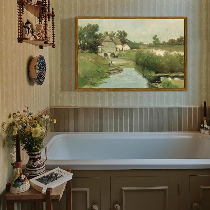 crmotu Vintage Framed Wall Art, Countryside Landscape Canvas Painting, River Cottage Green Scenery Art Prints, Bridge Boat Nature Rustic Farmhouse Wall Decor Living Room Bedroom Pictures 20x30in