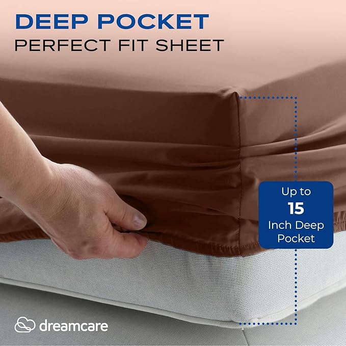 DREAMCARE Twin XL Sheets Set - 4 Pcs Cooling Bed Sheets with Up to 15" Deep Pockets - Soft, Long-Lasting 100% Brushed Polyester with Side Pocket (Mocha Brown)