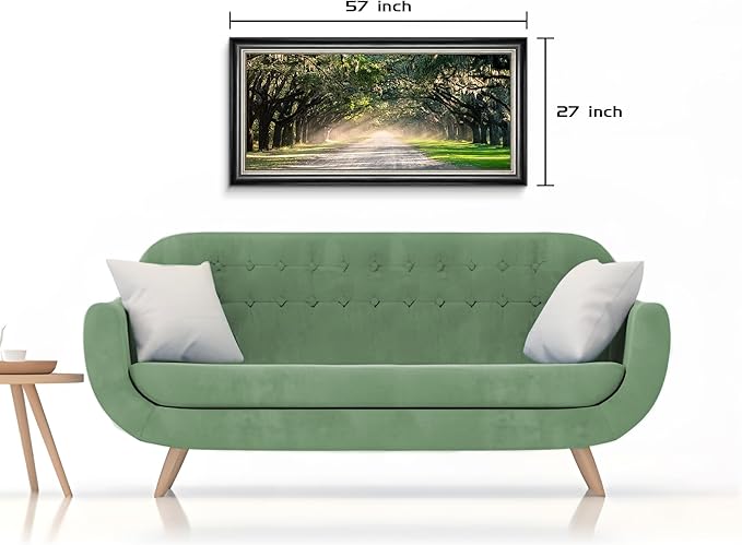 Framed Green Forest Wall Art: Nature Oak Tree Canvas Prints Modern Sunshine Path Landscape Painting for Living Room