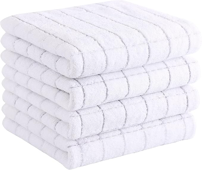 Homaxy 100% Cotton Terry Kitchen Towels(White, 13 x 28 inches), Checkered Designed, Soft and Super Absorbent Dish Towels, 4 Pack