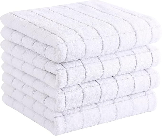 Homaxy 100% Cotton Terry Kitchen Towels(White, 13 x 28 inches), Checkered Designed, Soft and Super Absorbent Dish Towels, 4 Pack