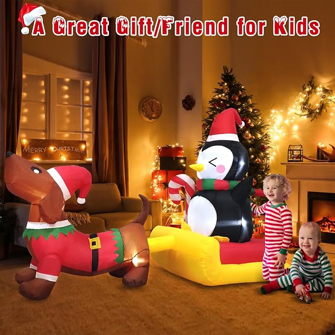 Danxilu 6 FT Long Christmas Inflatable Dog Sled with Penguin Outdoor Decorations- Blow Up Penguin on Dog Sleigh Yard Decorations for Xmas Holiday Indoor Garden Lawn Party Patio Décor