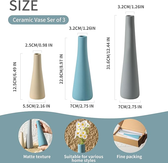 Ceramic Vase Set of 3, Modern Farmhouse Vases Neutral Pottery Vase Pampas Grass Flower Vases for Home Decoration Room Decor Table Living Room Centerpieces Mantel Decor - Blue