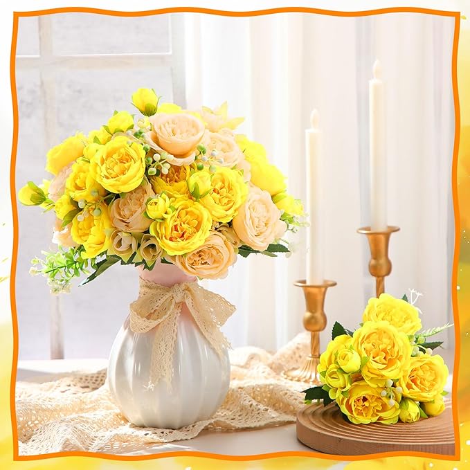 Geosar 16 Bundles Artificial Peonies Flowers Fake Silk Peony Bouquet Faux Peonies Flowers Bulk for Decoration Vase Florals Arrangements Wedding Party Table (Yellow,Champagne)