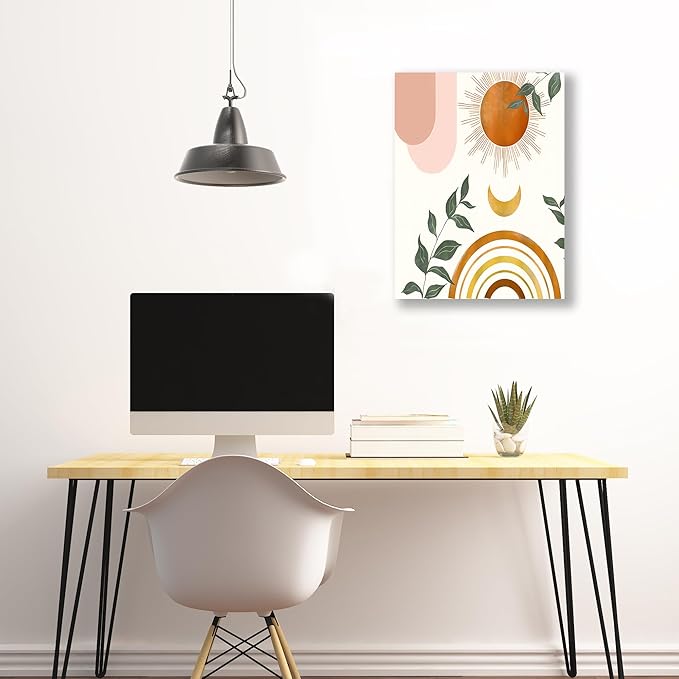 Boho Wall Art, Minimalist Framed Wall Art Geometric Line Leaf Sun Moon Rainbow Canvas Artwork Paintings, Abstract Botanical Boho Room Decor, Office, 12"x16"