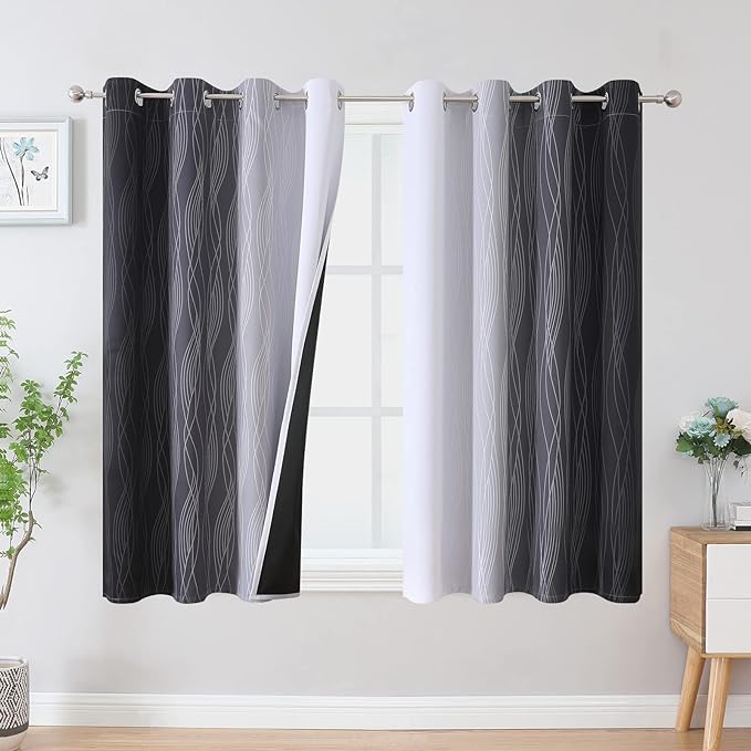 Estelar Textiler Ombre Greyish White and Black Blackout Curtains & Drapes 54 Inch Length 2 Panels for Bedroom, Thermal Insulated Full Light Blocking Grommet Blackout Drapes for Bathroom, 52Wx54L