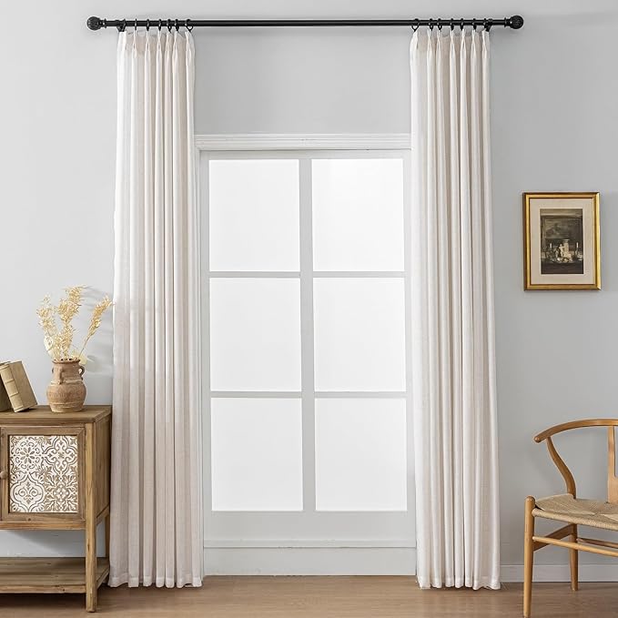 Ivory Pinch Pleated Linen Semi Sheer Curtains 96 Inches Long, Flax Light Filtering Drapes for Living Room Bedroom, White Oatmeal Window Treatments, Rustic Farmhouse Curtain Panels