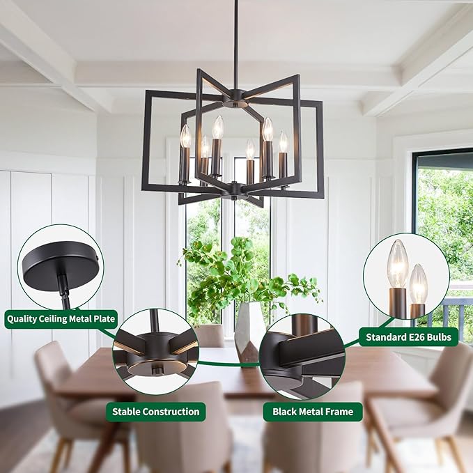 Dining Room Light Fixture, Modern Black Chandelier Farmhouse Metal Pendant Light for Foyer Enteyway Living Room Kitchen Island, 6 Wrought Iron Lights E12 Bulbs, Height Adjustable, 21.2 inch
