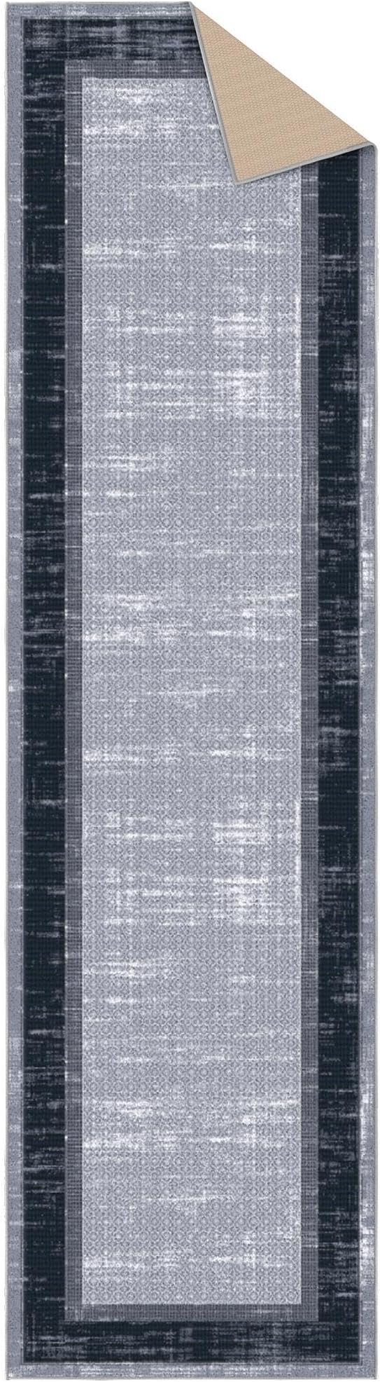 Ottomanson Hallway Runner Rug 2'7" x 9'10" Non Slip Border Area Rugs Easy to Clean Laundry Rug Runner Durable & Pet Friendly Floor Carpet Runners for Hallways Entryway Living Room Kitchen, Gray/Navy