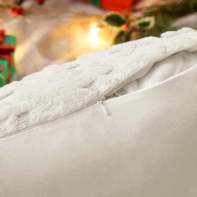 MIULEE Christmas Snowflake Decorative Throw Pillow Covers Set of 2,Soft Fluffy Faux Wool Winter Holiday Couch Pillows for Farmhouse Boho Home Decor Sofa Bed Porch Living Room 18x18 Inch Cream White
